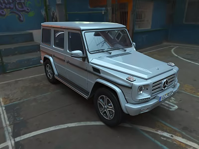 Silver Mercedes Benz G Class SUV Parked In Urban Area With Graffiti Background 3d model