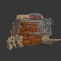 Rock Structure Building with Multiple Levels Wooden Frame Red Roof and Staircase