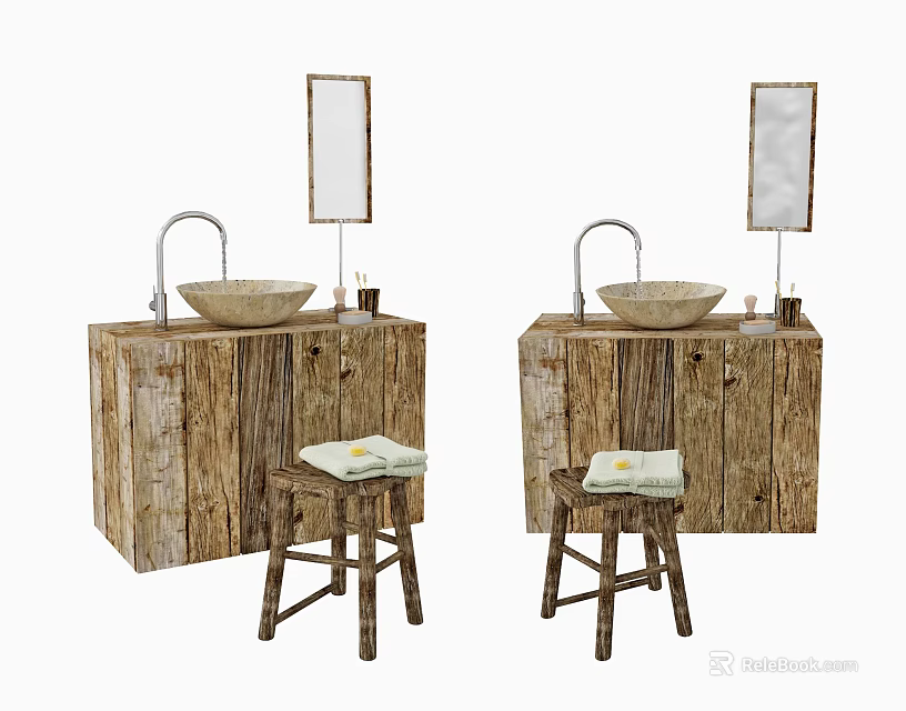 Rustic Wooden Washbasin Vanity With Bowl Sink Mirror And Stool Towel 3d model 