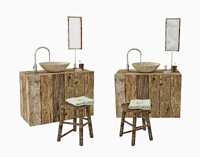 Rustic Wooden Washbasin Vanity With Bowl Sink Mirror And Stool Towel 3d model