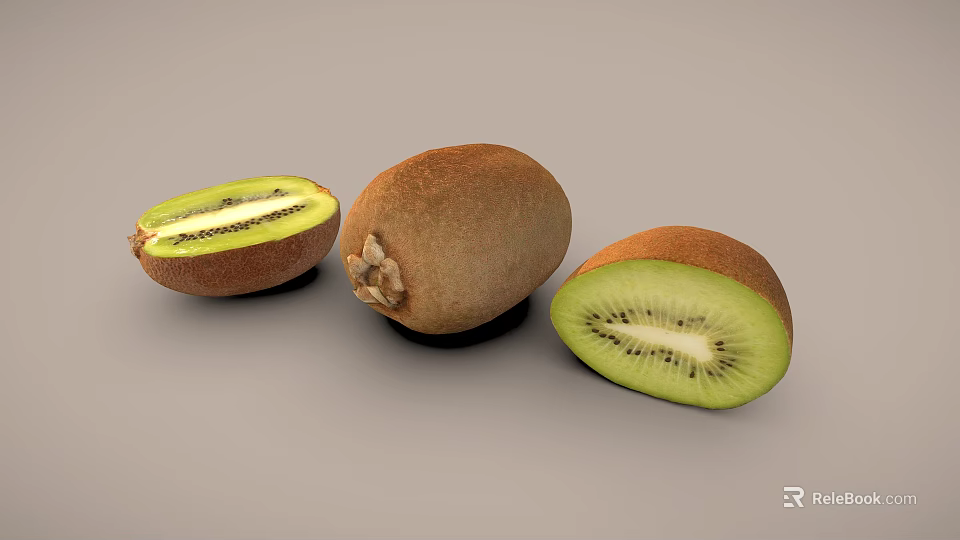 Three Fresh Kiwis Displaying Whole And Sliced With Green Flesh And Black Seeds 3d model 