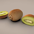 Three Fresh Kiwis Displaying Whole And Sliced With Green Flesh And Black Seeds