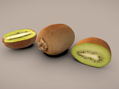 Three Fresh Kiwis Displaying Whole And Sliced With Green Flesh And Black Seeds 3d model