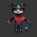 3D Anthropomorphic Cat Character Design With Hat Red Black Outfit And Blue Device