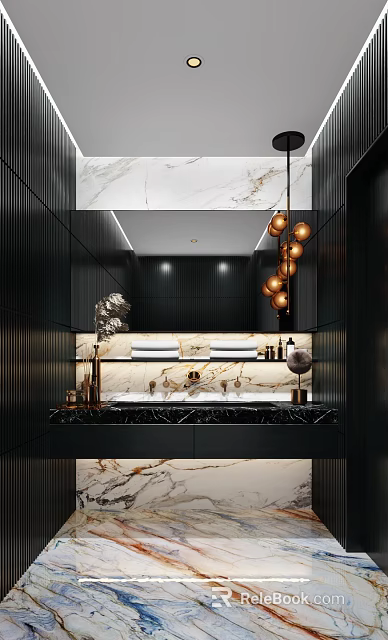 Elegant Modern Bathroom Vanity with Marble Countertop Large Mirror and Gold Pendant Lights 3d model 
