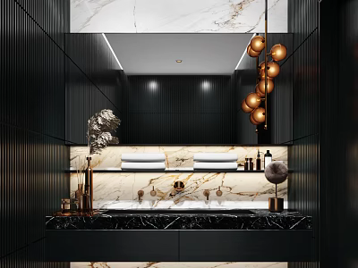 Elegant Modern Bathroom Vanity with Marble Countertop Large Mirror and Gold Pendant Lights 3d model