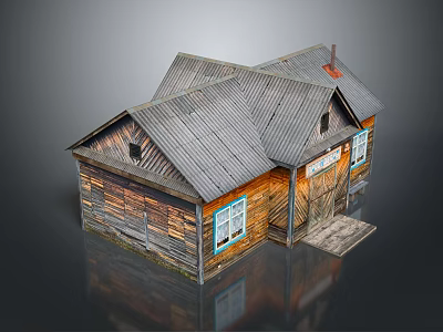 Traditional Wooden House With Gray Sloped Roof Blue Framed Windows And Wooden Door 3d model