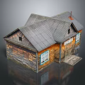 Traditional Wooden House With Gray Sloped Roof Blue Framed Windows And Wooden Door