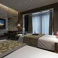 Hotel Guest Room Interior with Twin Beds Decorative Wall Art Nightstands Window Curtains and TV
