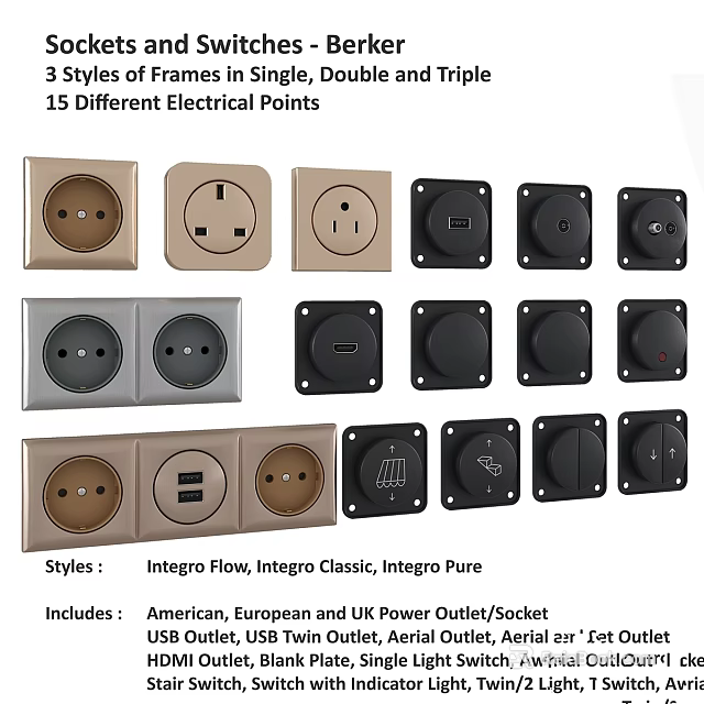 15 Different Electrical Sockets Featuring Integrato Flow Classic Pure Styles And American European UK Types 3d model 