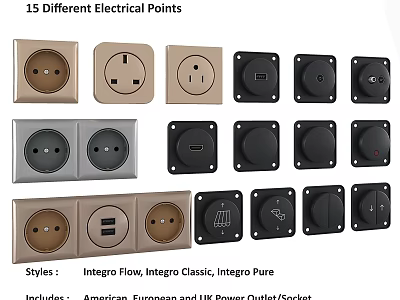 15 Different Electrical Sockets Featuring Integrato Flow Classic Pure Styles And American European UK Types 3d model