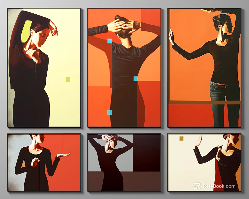 Multiple Modern Figurative Paintings With Black Clad Figures On Vibrant Geometric Backgrounds 3d model 