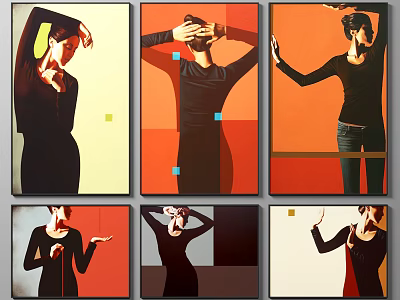 Multiple Modern Figurative Paintings With Black Clad Figures On Vibrant Geometric Backgrounds 3d model
