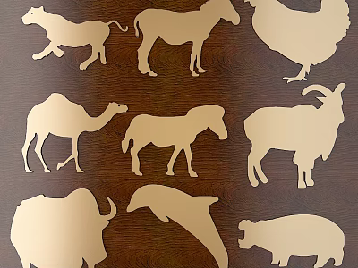Detailed Animal Silhouette Carvings On Wooden Surface With Lion Horse Camel And Dolphin 3d model