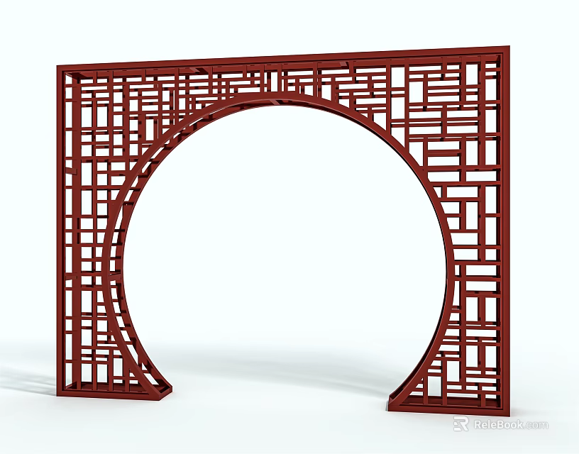 Traditional Chinese Red Archway With Carved Lattice Design And Square Frame 3d model 