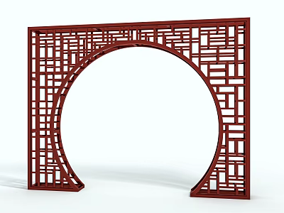 Traditional Chinese Red Archway With Carved Lattice Design And Square Frame 3d model