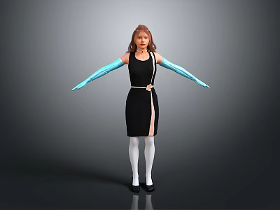 Woman Wearing Black Dress Blue Long Gloves White Socks And Black Shoes On Gray Background 3d model