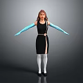 Woman Wearing Black Dress Blue Long Gloves White Socks And Black Shoes On Gray Background