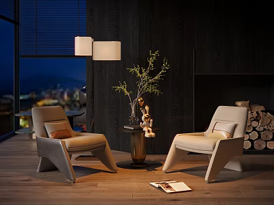 Two Modern Beige Armchairs With Wooden Wall Fireplace Floor To Ceiling Window And Pendant Lights 3d model