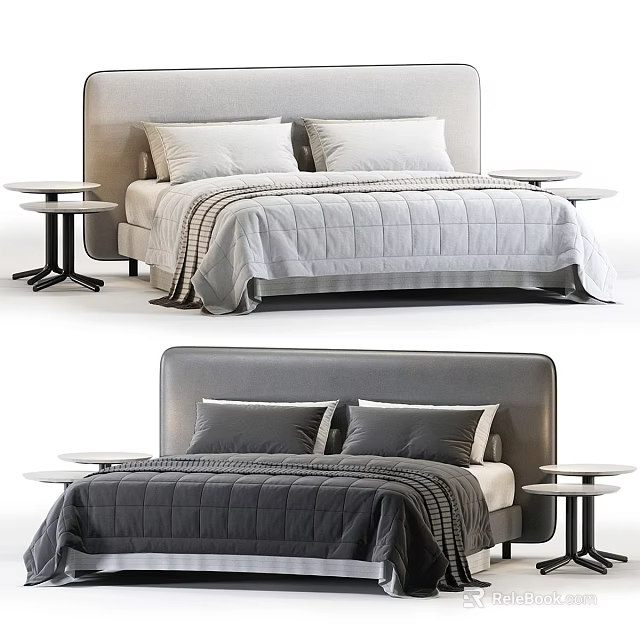 Modern Double Bed With Upholstered Headboard Quilted Bedspread Two Pillows And Nightstands 3d model 