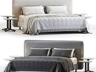 Modern Double Bed With Upholstered Headboard Quilted Bedspread Two Pillows And Nightstands 3d model