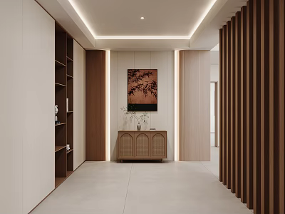 Modern Entryway Hallway Design With Light Walls Wooden Cabinets And Decorative Painting 3d model