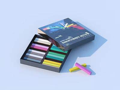 Artist's Colored Crayons Set in Open Box with Various Colors and Organized Tray 3d model