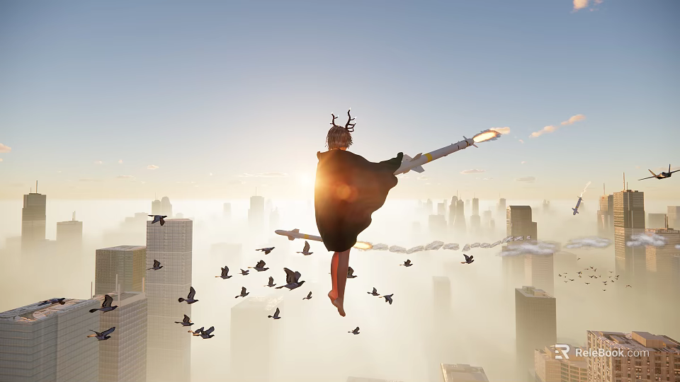 Horned Game Movie Character Flying With Glowing Weapon Over Cityscape Sunset Sky And Birds 3d model 