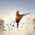 Horned Game Movie Character Flying With Glowing Weapon Over Cityscape Sunset Sky And Birds