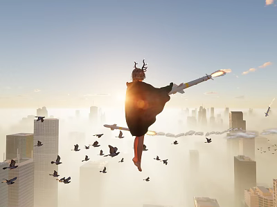 Horned Game Movie Character Flying With Glowing Weapon Over Cityscape Sunset Sky And Birds 3d model