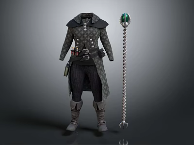Mystic Wizard In Patterned Coat With Belt And Green Crystal Creature By Staff 3d model