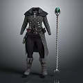 Mystic Wizard In Patterned Coat With Belt And Green Crystal Creature By Staff