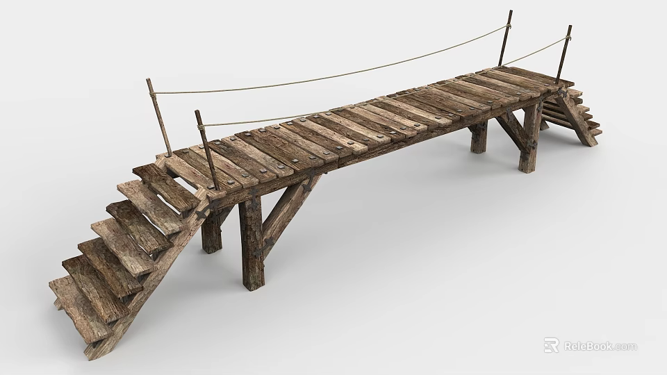 Rustic Wooden Landscape Bridge With Plank Deck And Rope Railings Structure 3d model 
