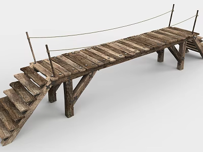 Rustic Wooden Landscape Bridge With Plank Deck And Rope Railings Structure 3d model