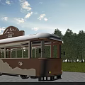 Mountain Themed Mobile Cafe Exterior With Brown White Color Wavy Pattern And Green Trees