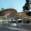 Modern Pergola With Curved Roof Metal Pillars And Trees In Outdoor Park Setting