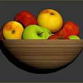 Wooden Fruit Bowl With Fresh Red Green Apples And Yellow Fruits On Kitchen Tabletop