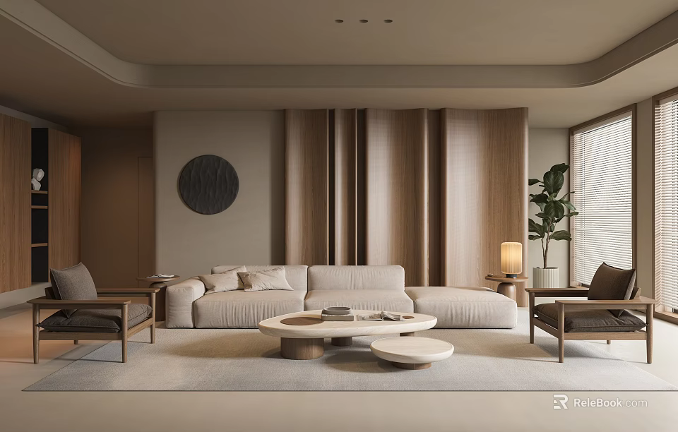 Modern Living Room Interior With Beige Sofa Wooden Elements Round Decorative Painting And Floor-to-Ceiling Curtains 3d model 