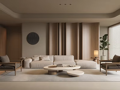 Modern Living Room Interior With Beige Sofa Wooden Elements Round Decorative Painting And Floor-to-Ceiling Curtains 3d model