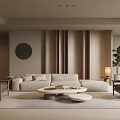 Modern Living Room Interior With Beige Sofa Wooden Elements Round Decorative Painting And Floor-to-Ceiling Curtains