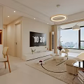 Cozy Living Dining Room With Beige Sofa Round Pendant Light Circular Rug And Wall Art