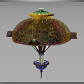 Futuristic Cosmic Spacecraft With Colorful Glass Dome Gold Pink Geometric Patterns And Thruster Like Base