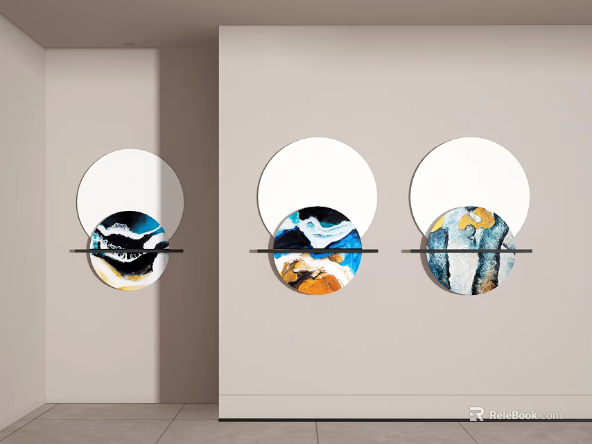 Modern Light Colored Wall With Three Circular Colorful Abstract Art Decorations 3d model