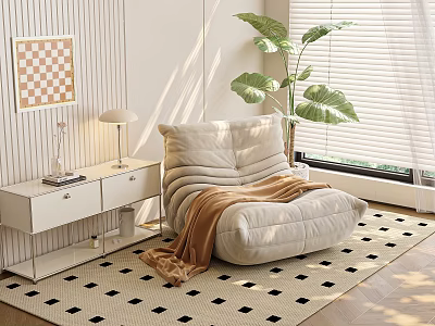 Light Bean Bag Chair In Living Room With Brown Blanket Green Plant Checkered Rug 3d model