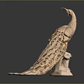 Beige Peacock Sculpture With Gold Accents And Spread Tail Feathers On Base