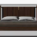 Modern Double Bed With Wooden Walnut Headboard Metal Accent White Pillows And Gray Bedspread