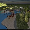 Amusement Park At Sunset Featuring Pool Animal Carriage Tents Trees And Traditional Roof Buildings