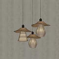 Three Mushroom Shaped Wooden Pendant Lights With Natural Fabric Shades