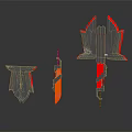 Fantasy Weapons Collection Featuring Shield Sword Axe With Flame Accents And Black Design