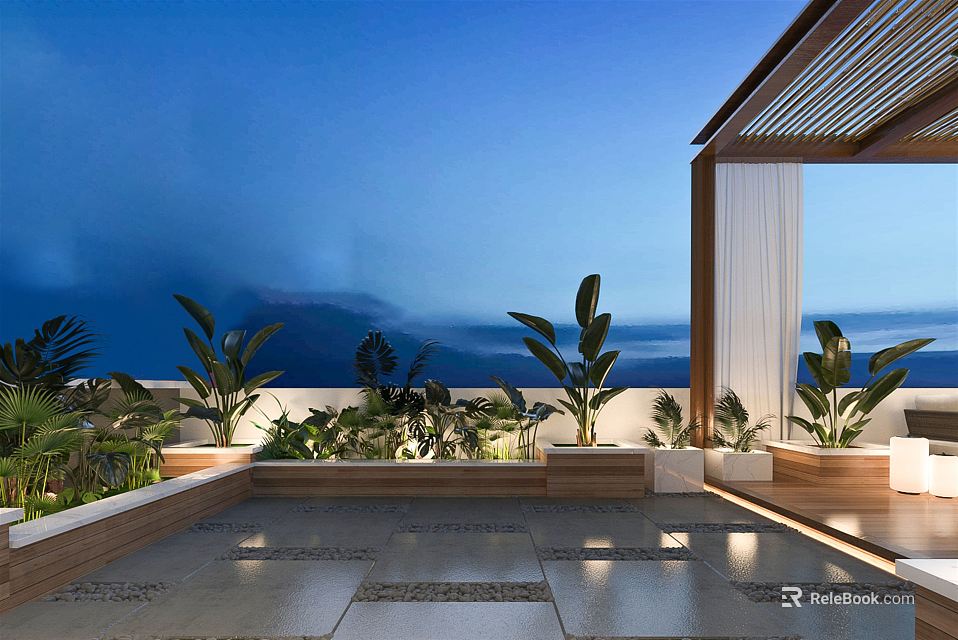 Roof Garden With Lush Green Plants Paved Floor Pergola And Distant Mountain View 3d model 